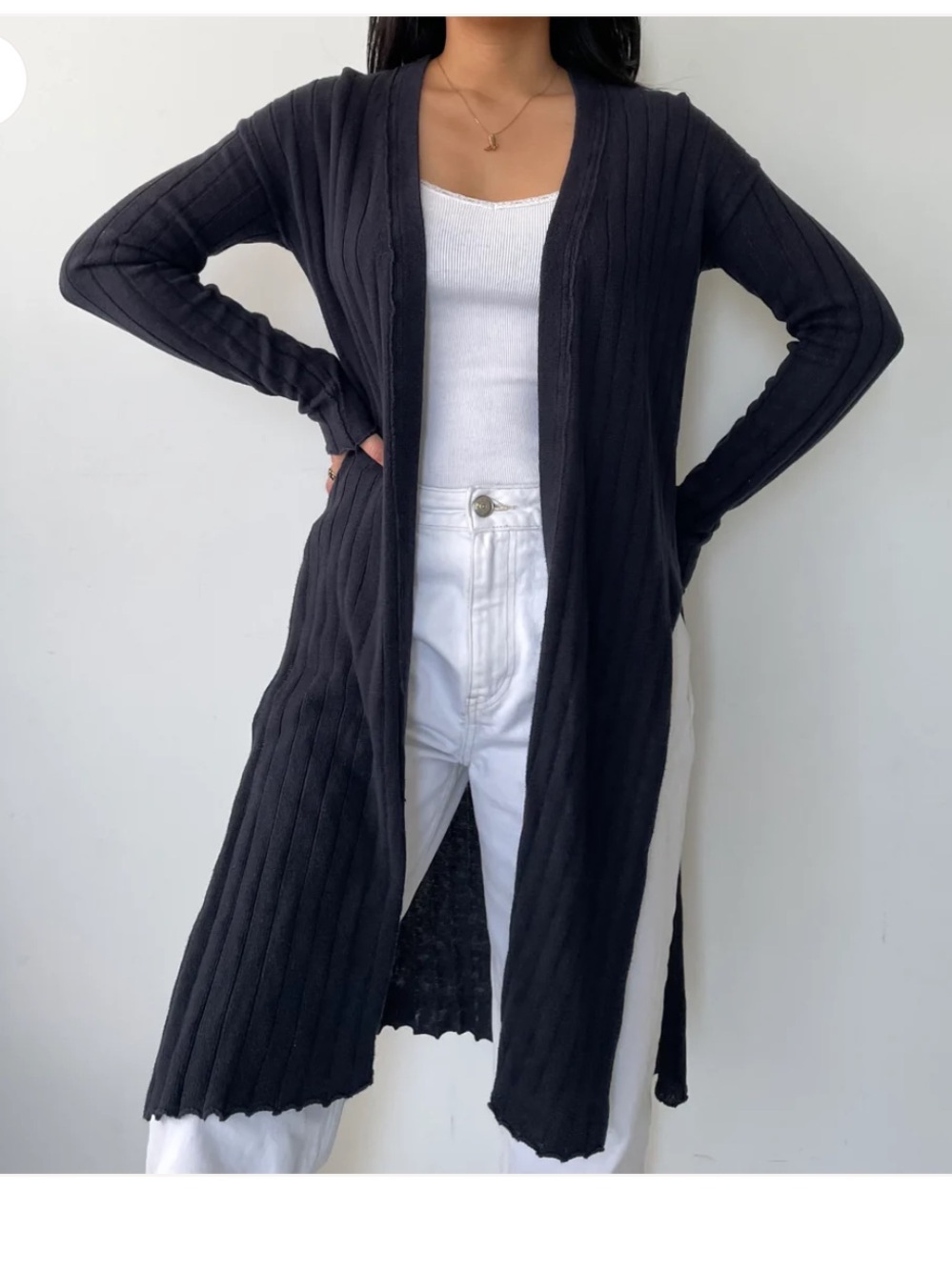 Free People Long Black Ribbed Open-Front Cardigan size large